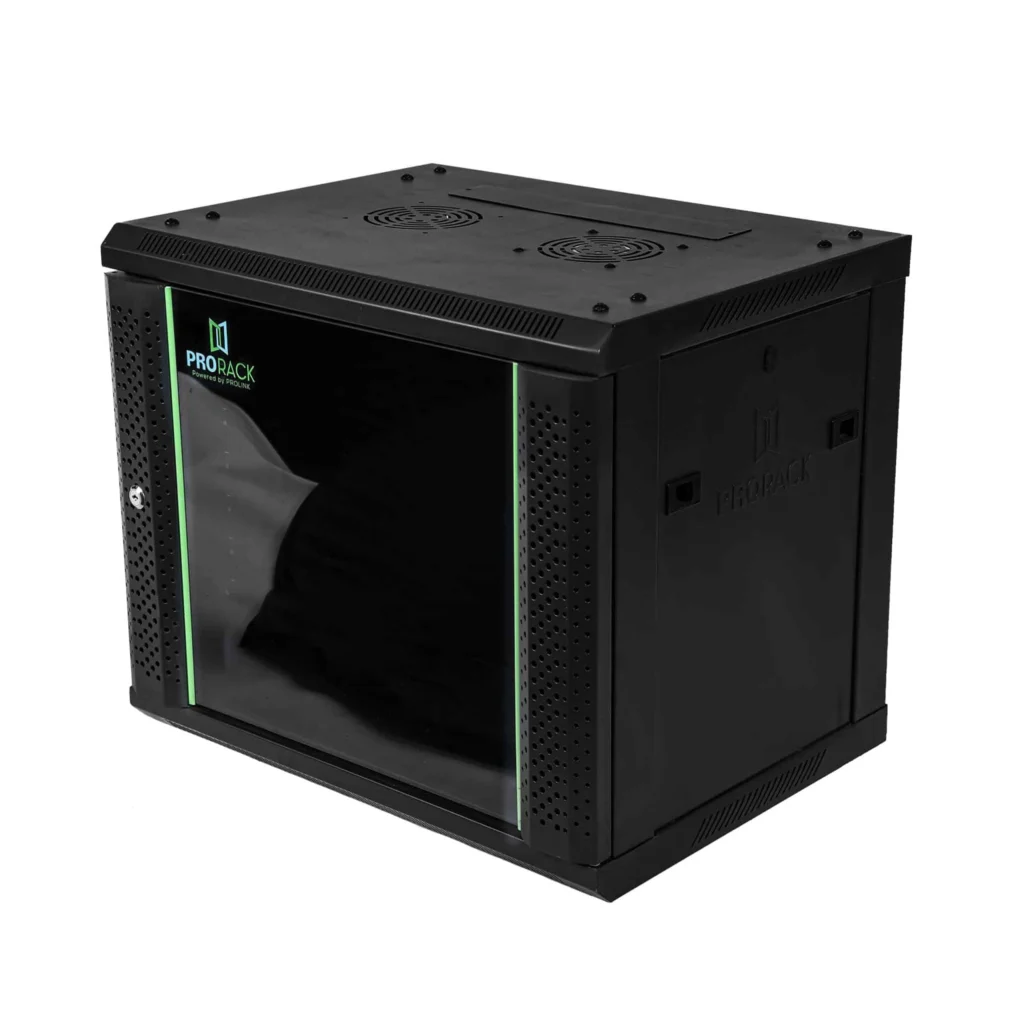 ProRack-PR-W6409-9U-60×45cm-Wall-Mount-Rack-with-Glass-DoorFanShelf6-Outlet-PDU-alfath-technology